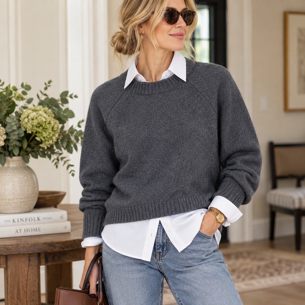 Zara Alpaca Blend Knit Crop Sweater Womens M Blue Gray Fuzzy Casual Jumper